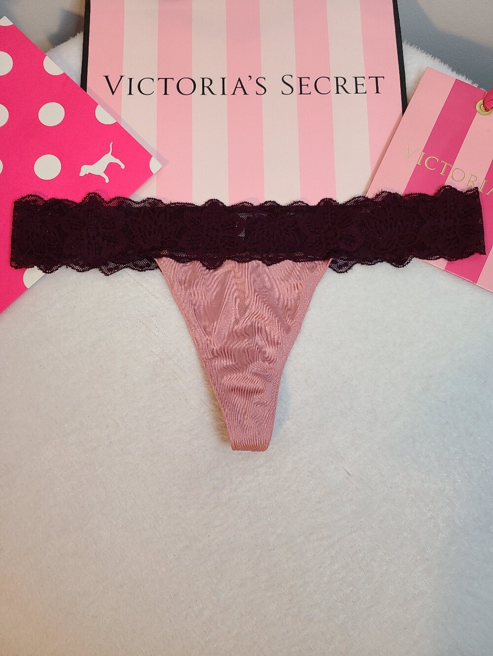Rare Retired VS PINK Silky Satin Lace Waist Classic Thong Panty Size M